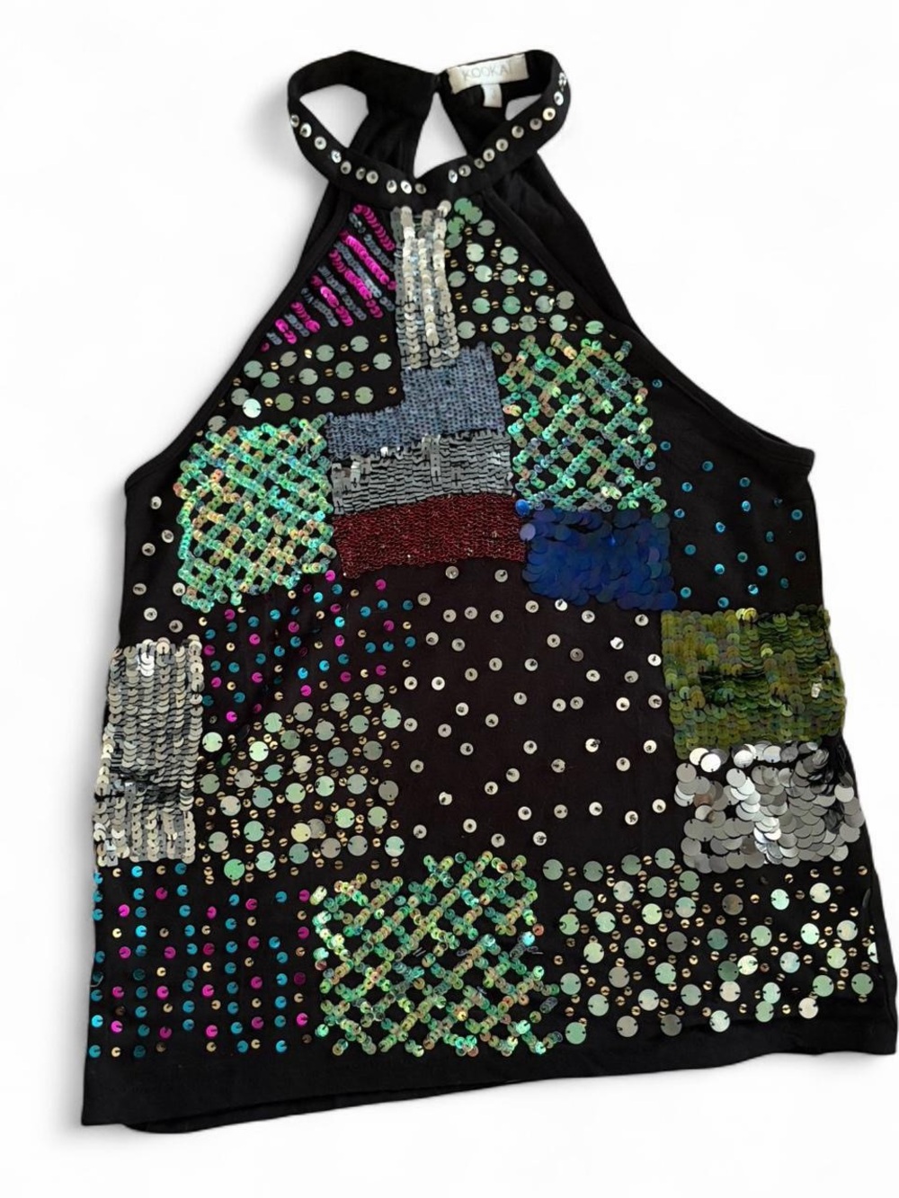 Kookai black halter top with multicolored sequin patchwork design